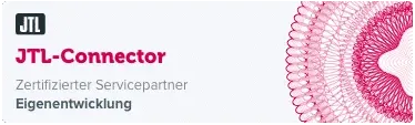 Bild eines Banners mit dem JTL-Logo und dem Text „JTL-Connector“ in fettem Rot. Darunter steht „Zertifizierter Servicepartner“ und „Eigenentwicklung“ in grauer Schrift. Auf der rechten Seite befindet sich ein detailliertes, kompliziertes rot-weißes Kreismuster, das unsere vertrauenswürdige JTL-Agentur für erfolgreiche E-Commerce-Projekte hervorhebt.