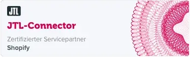 Ein rechteckiges Werbebanner für „JTL-Connector“ mit dem Text „Zertifizierter Servicepartner Shopify“. Auf der linken Seite des Banners befindet sich das JTL-Logo, auf der rechten Seite ein dekoratives rosafarbenes Spiraldesign, das eine vertrauenswürdige JTL-Agentur hervorhebt, die Ihren E-Commerce persönlich und erfolgreich begleitet.