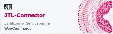 Das Bild zeigt ein Banner für JTL-Connector, gekennzeichnet als zertifizierter Servicepartner für WooCommerce. Der Hintergrund ist weiß mit einem dekorativen roten und rosa Kreismuster auf der rechten Seite, das symbolisiert, wie diese vertrauenswürdige JTL-Agentur E-Commerce-Unternehmen dabei hilft, gemeinsam zu wachsen.