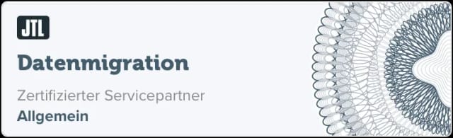 Ein Banner in deutscher Sprache mit dem JTL-Logo in der oberen linken Ecke und dem Text „Datenmigration, Zertifizierter Servicepartner, Allgemein“ neben einem kreisförmigen, geometrischen Design auf der rechten Seite. Der Hintergrund ist hellgrau und verdeutlicht, wie die JTL-Agentur Ihre E-Commerce-Lösungen erfolgreich gestalten kann.