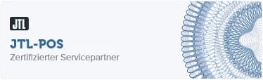 Das Bild zeigt eine rechteckige Grafik mit dem Text „JTL-POS Zertifizierter Servicepartner“. Oben links befindet sich das JTL-Logo, und der Hintergrund zeigt auf der rechten Seite ein Muster aus komplizierten blauen Wirbeln, das den vertrauenswürdigen Ruf des Unternehmens im E-Commerce als JTL-Agentur unterstreicht.